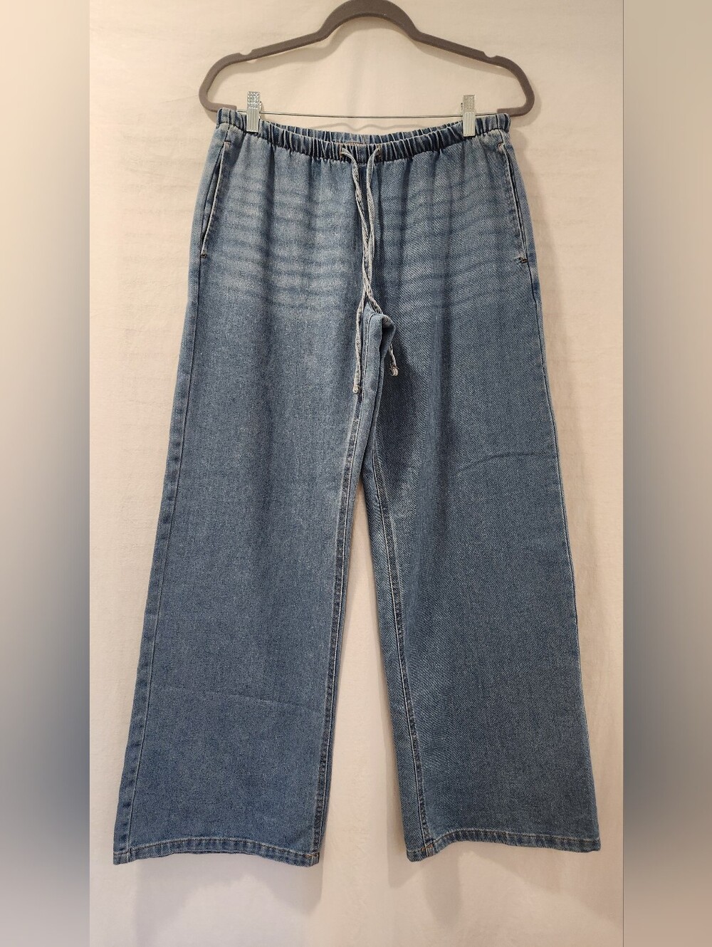 Wide Leg Mid Rise Drawstring Pull On Relaxed Cozy Jeans Size M
